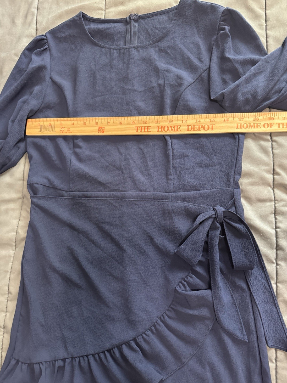 Weepinlee Navy Blue Long Sleeve Ruffle Faux-Wrap Mini Dress – Size M