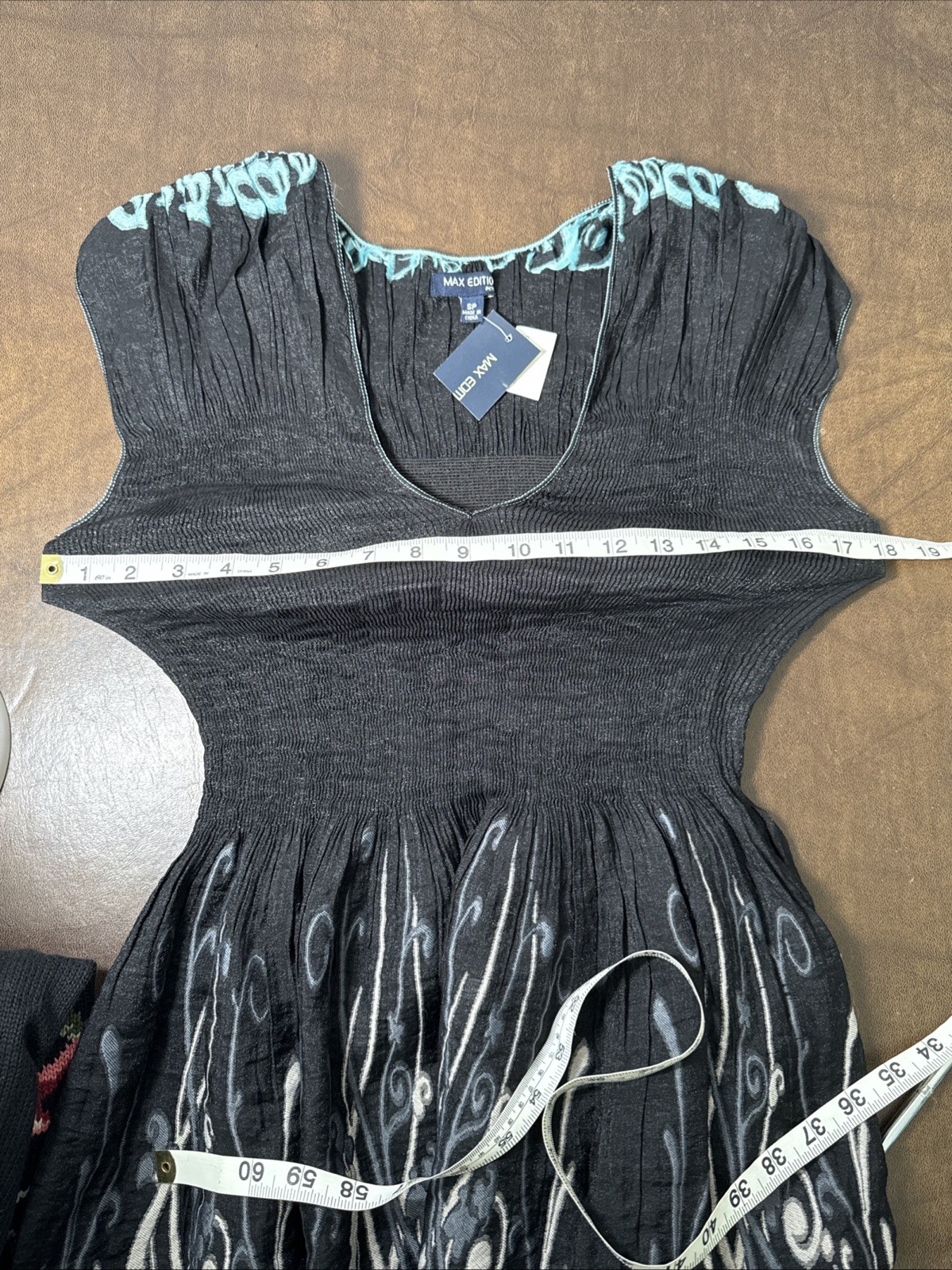 NWT Max Edition Black Multi Stretch Smocked Fit And Flare Dress Sz Petite Small