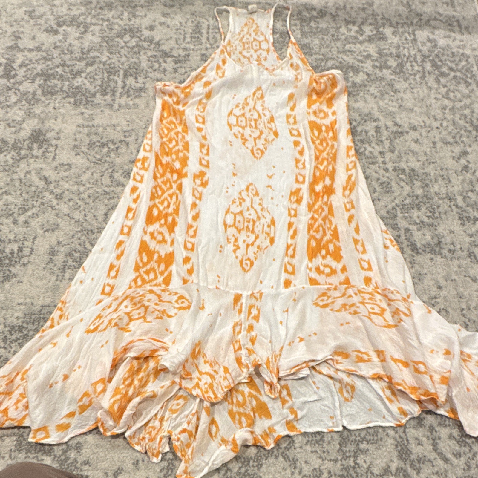 Lagaci White Orange Geometric Spaghetti Strap Ruffle Maxi Dress Rayon M