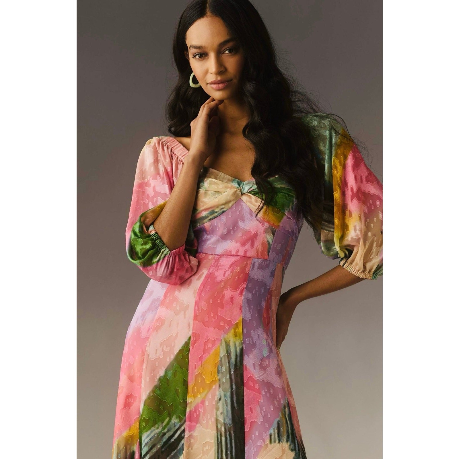 NWT❤️Anthro Hutch Printed Twist-Front Puff-Sleeve Ruffle-Hem Dress szL