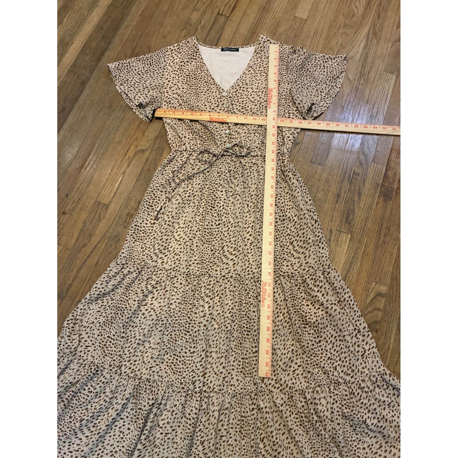 PrettyGarden Leopard Print Maxi Dress V-Neck Tiered Short Sleeve Tan Brown Small