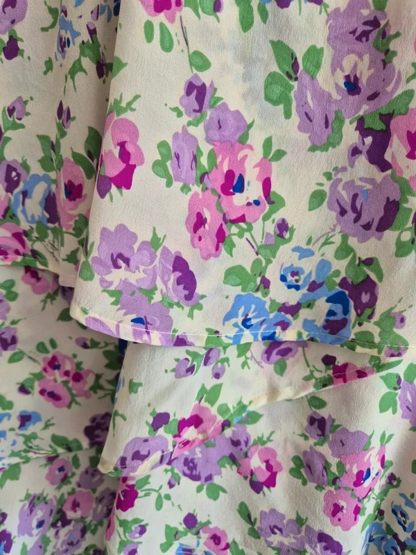 Warehouse Vintage Y2K 100% Silk Cream Purple Floral Tiered Ruffle Dress Size 10