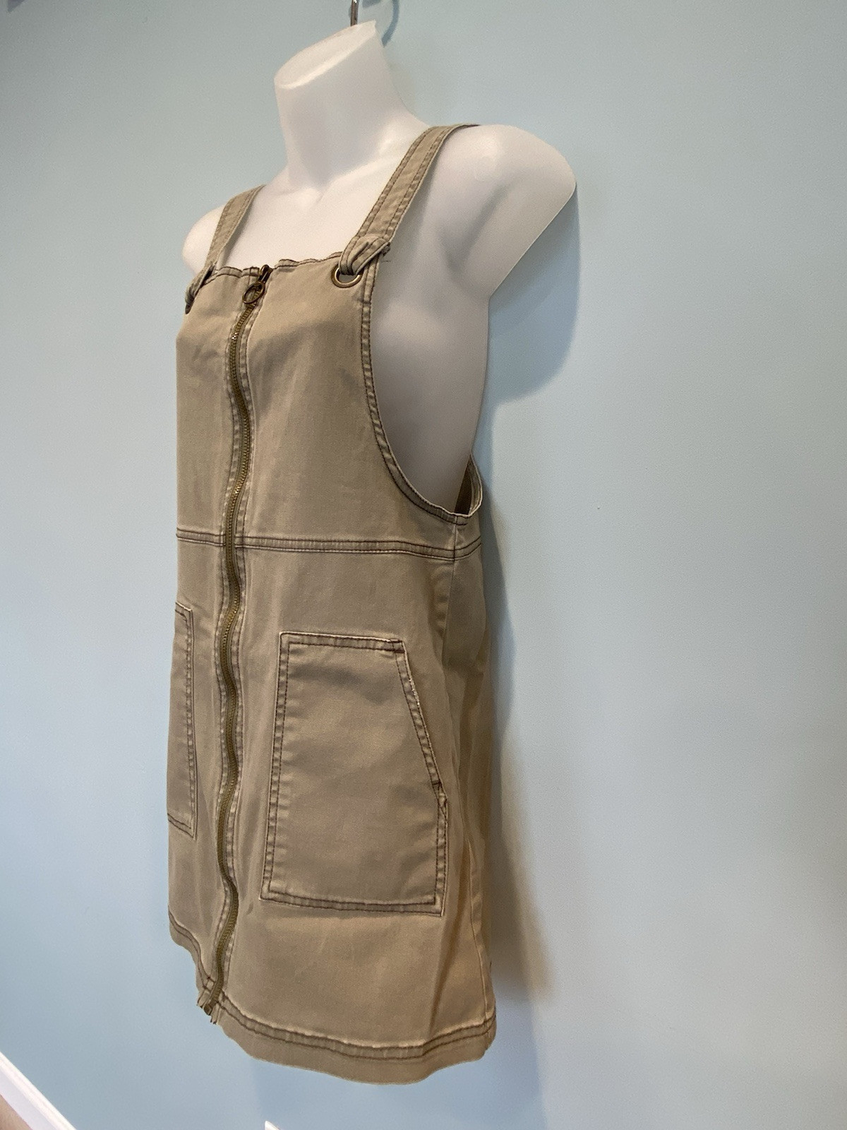 Zipper And Straps Front Tan/Kaki Mini Dress – Womens Size Small