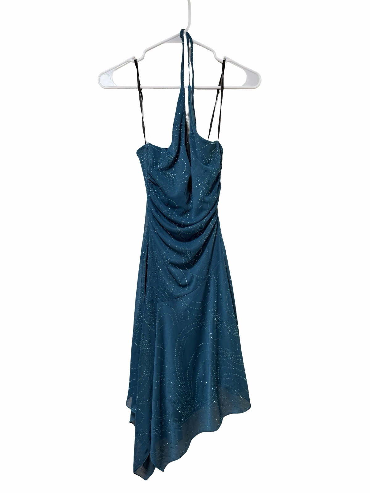City Triangles Y2K Fairycore Teal Glitter Mesh Halter Dress Small Asymmetrical