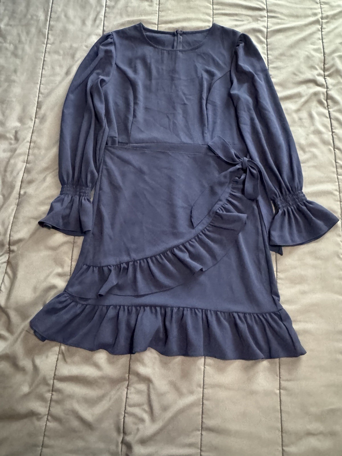 Weepinlee Navy Blue Long Sleeve Ruffle Faux-Wrap Mini Dress – Size M