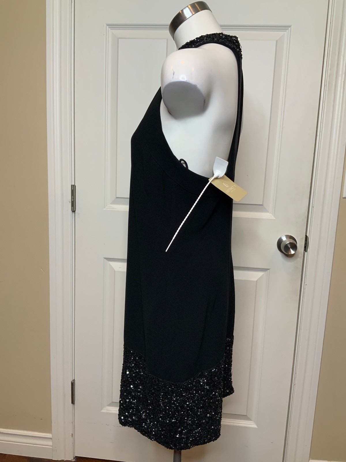 Theia Jewel Neck Sequin Trim Mini Little Black Dress $795, Size M