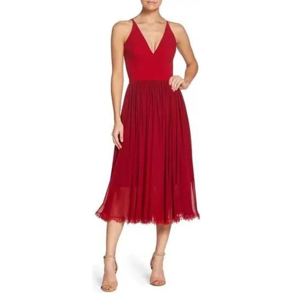 Dress The Population Alicia Mixed Media Midi Dress Garnet Red V-Neck Lace Trim L