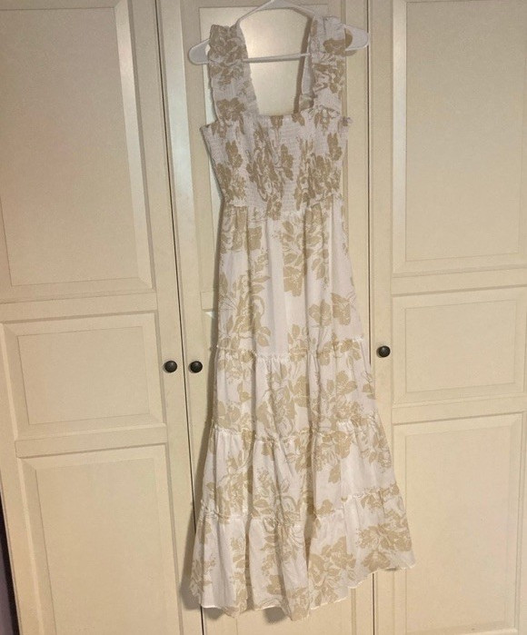 Eloquii Smocked Ruffle Strap Floral Maxi Dress Sleeveless M Beige/White