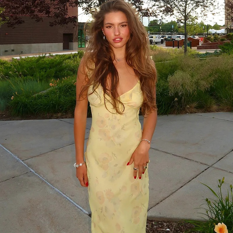 Summer Floral Print Plunge Maxi Dress Outfits Sexy Backless Fairy Sun Dresses