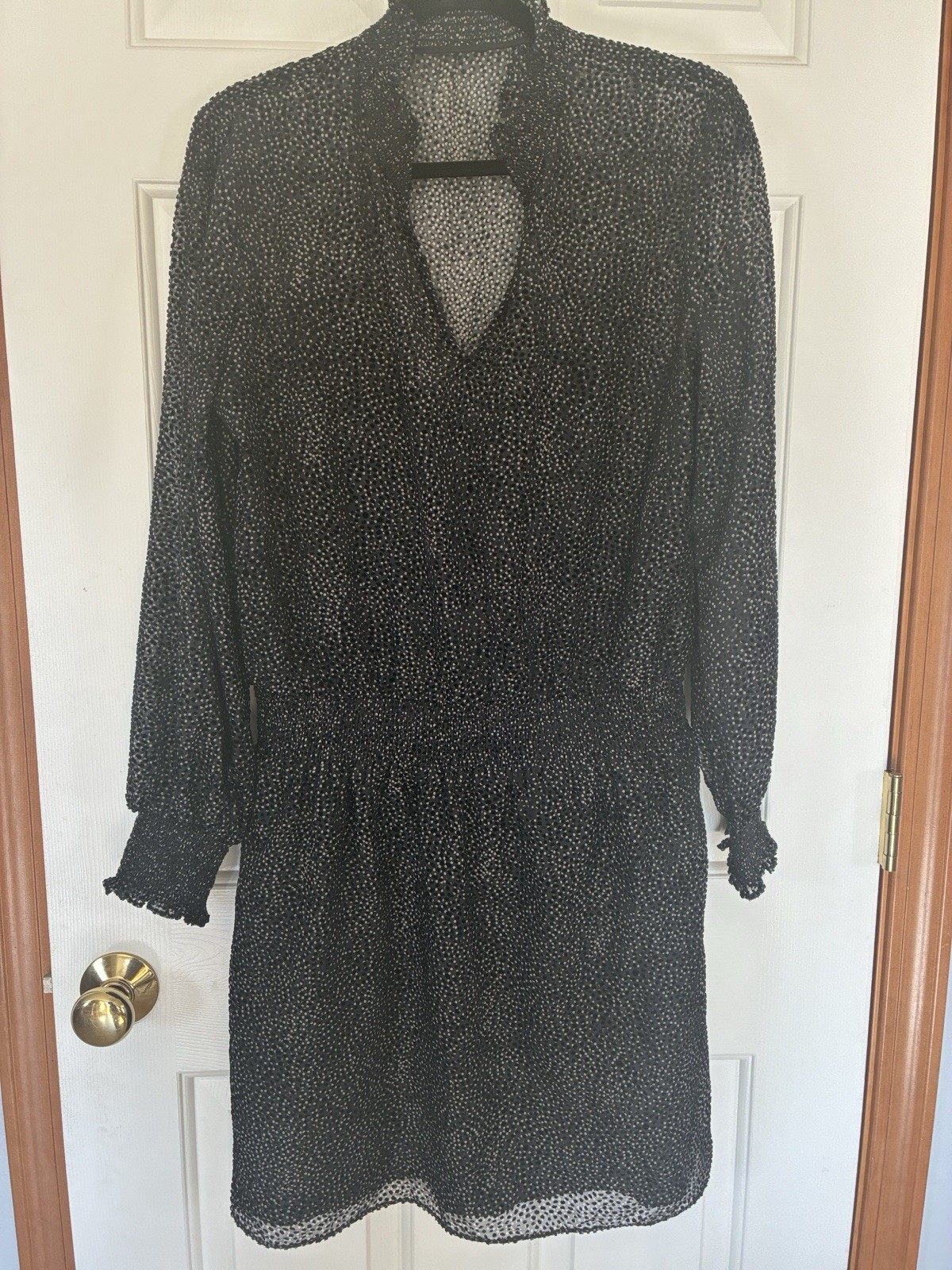 White House Black Market Soft Blouson Flocked Dot Black Mini Dress