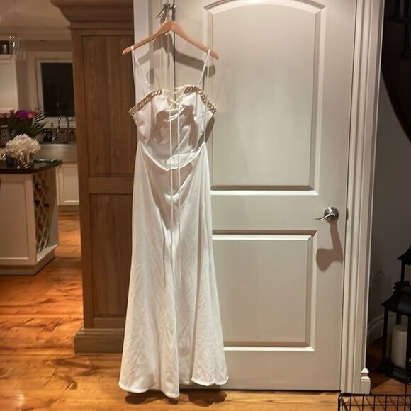Xscape Amabella lace up long strapless scuba crepe white embelishment 16 wedding