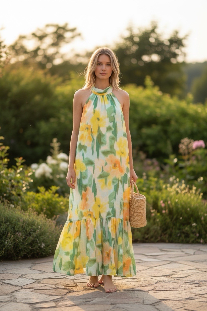 1. STATE Green Yellow Orange White Floral Halter Maxi Dress Ruffle Hem Size L