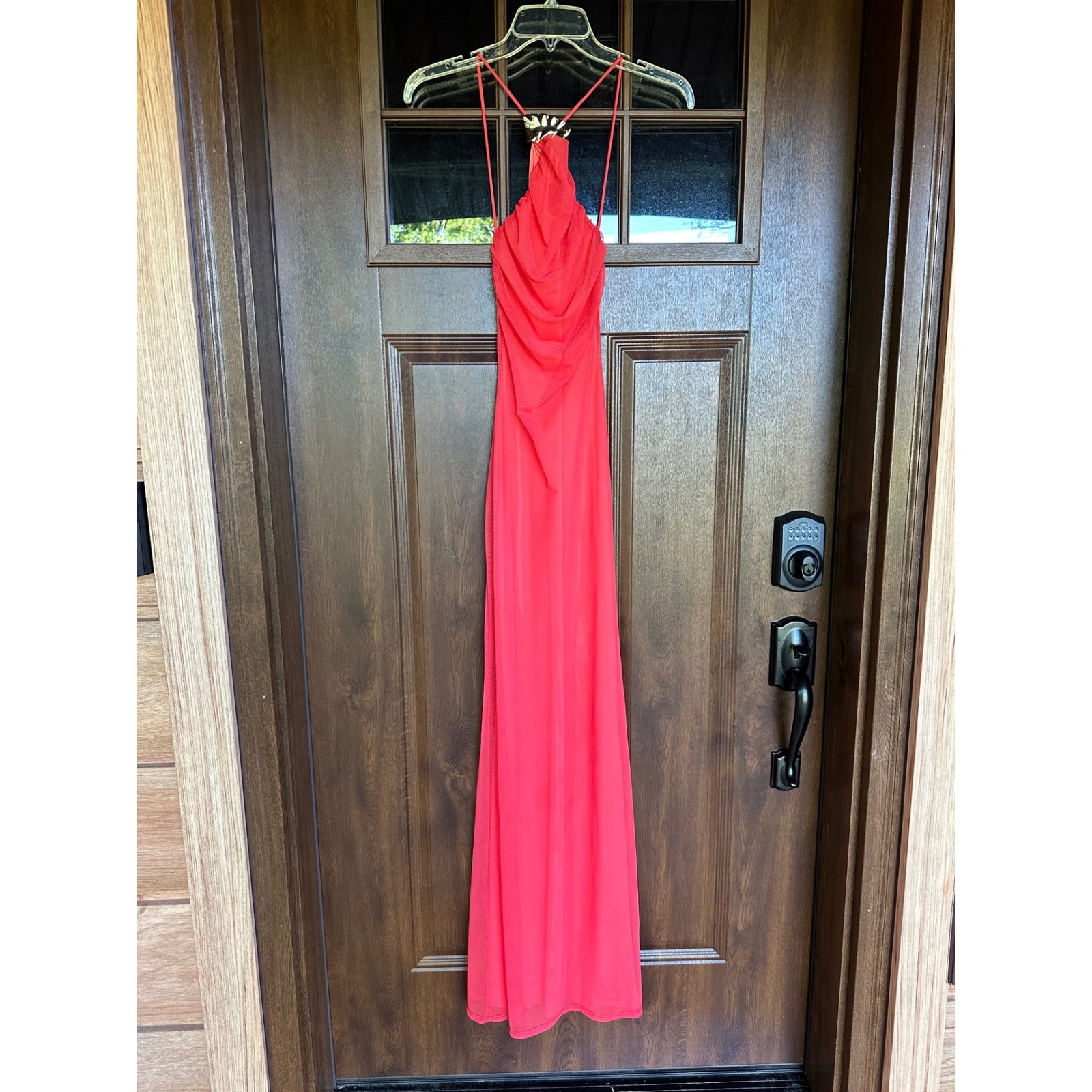 ASOS DESIGN Coral Mesh Halter Neck Strap Open Romantic Whimsy Back Maxi Dress 4