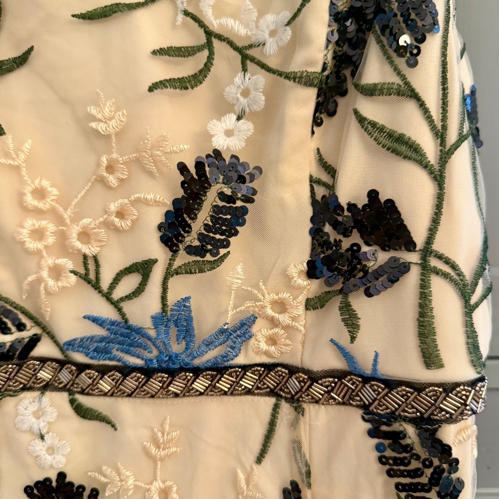 Lulus Embroidered Tulle Midi Dress S Beige Blue Black Floral Sequin Ruffle Strap