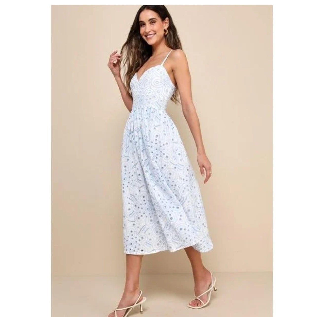 Lulus Sunny Poise White Light Cotton Eyelet Lace Floral Midi Dress Womens Small