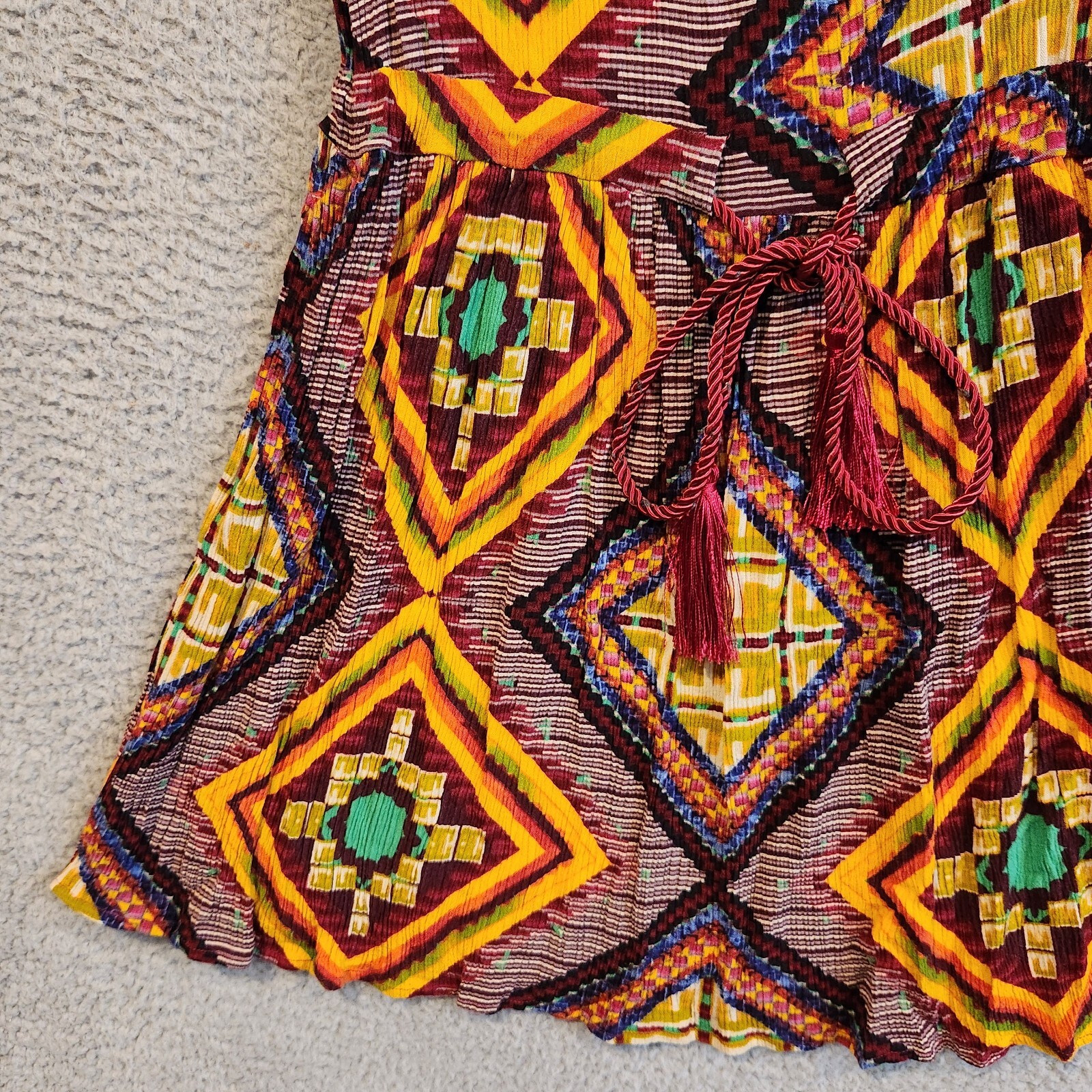 MINKPINK Womens Mini Dress Medium Multicolor Batik Design Tasseled Waist