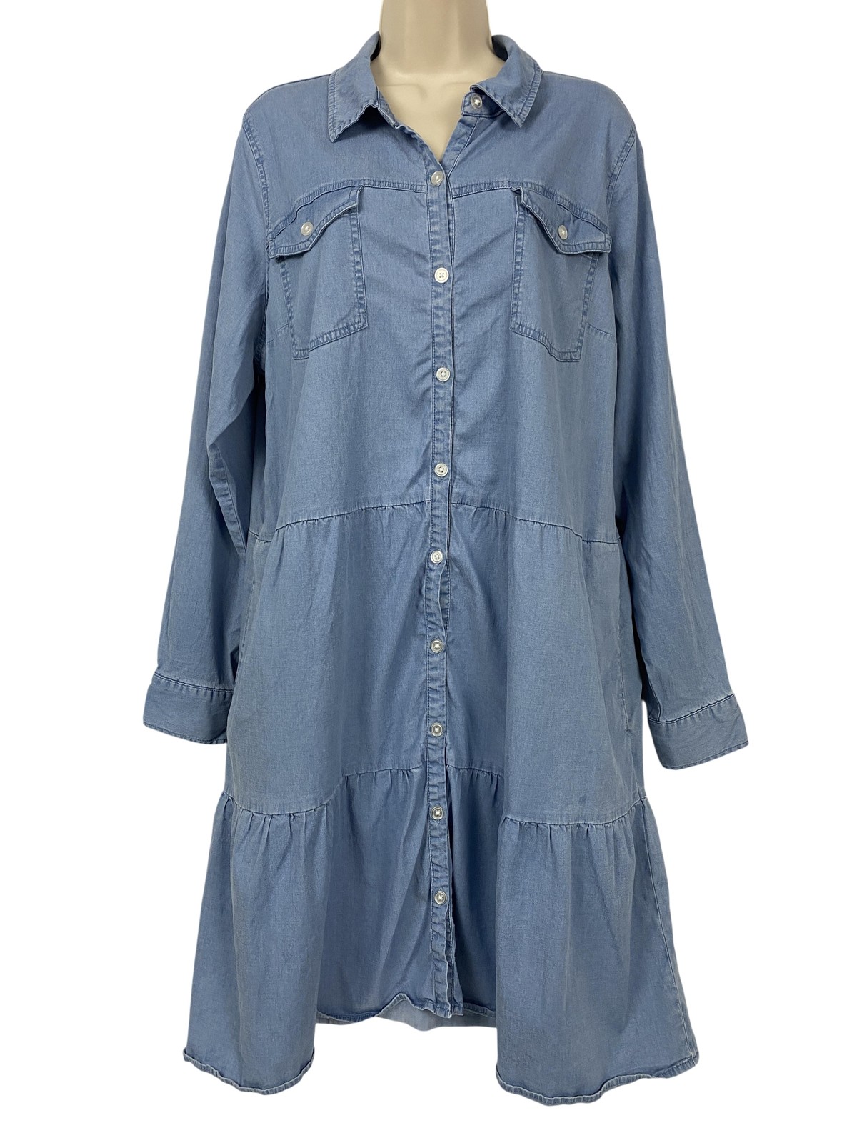 Belle BOHO Kim Gravel Chambray Dress Large Blue Denim Tiered Pockets Ruffle