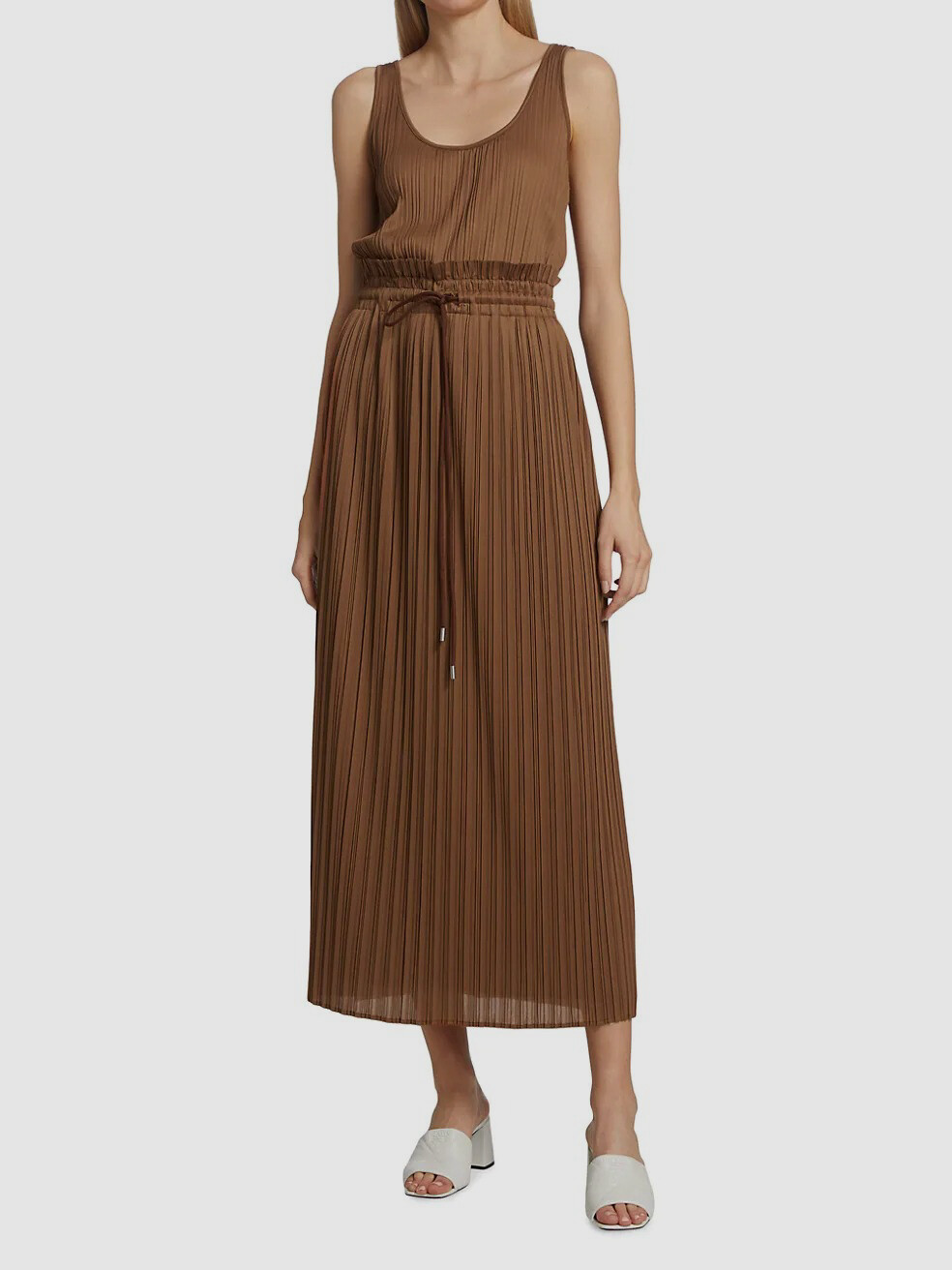 $495 A.L.C. Women’s Brown Val Smocked Pleated Drawstring Waist Maxi Dress Size M