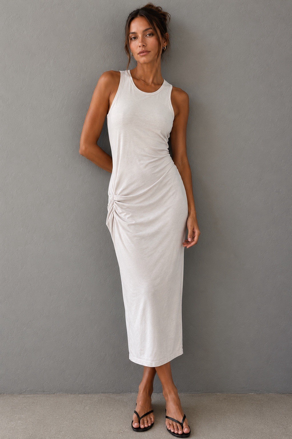 James Perse Ruched Midi Dress Size 2 Ivory Cotton Lycra Sleeveless Tank Sheath