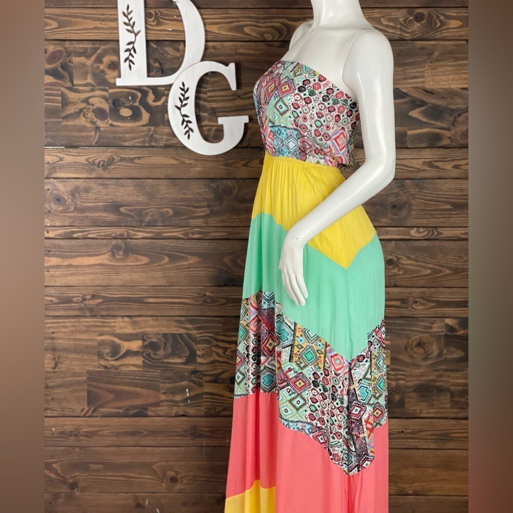 Xtaren | Multicolored Colorful Strapless Maxi Dress Patchwork Stripe Boho Indie