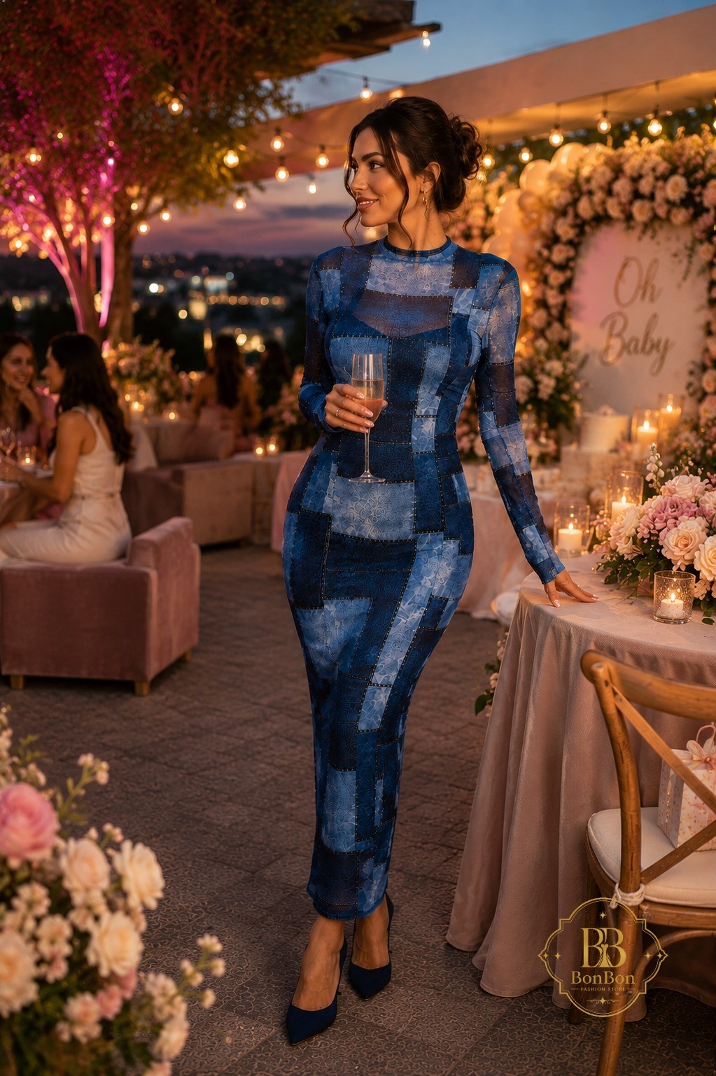 Blue Patchwork Mesh Maxi Dress | Elegant Long Sleeve Bodycon Evening Dress