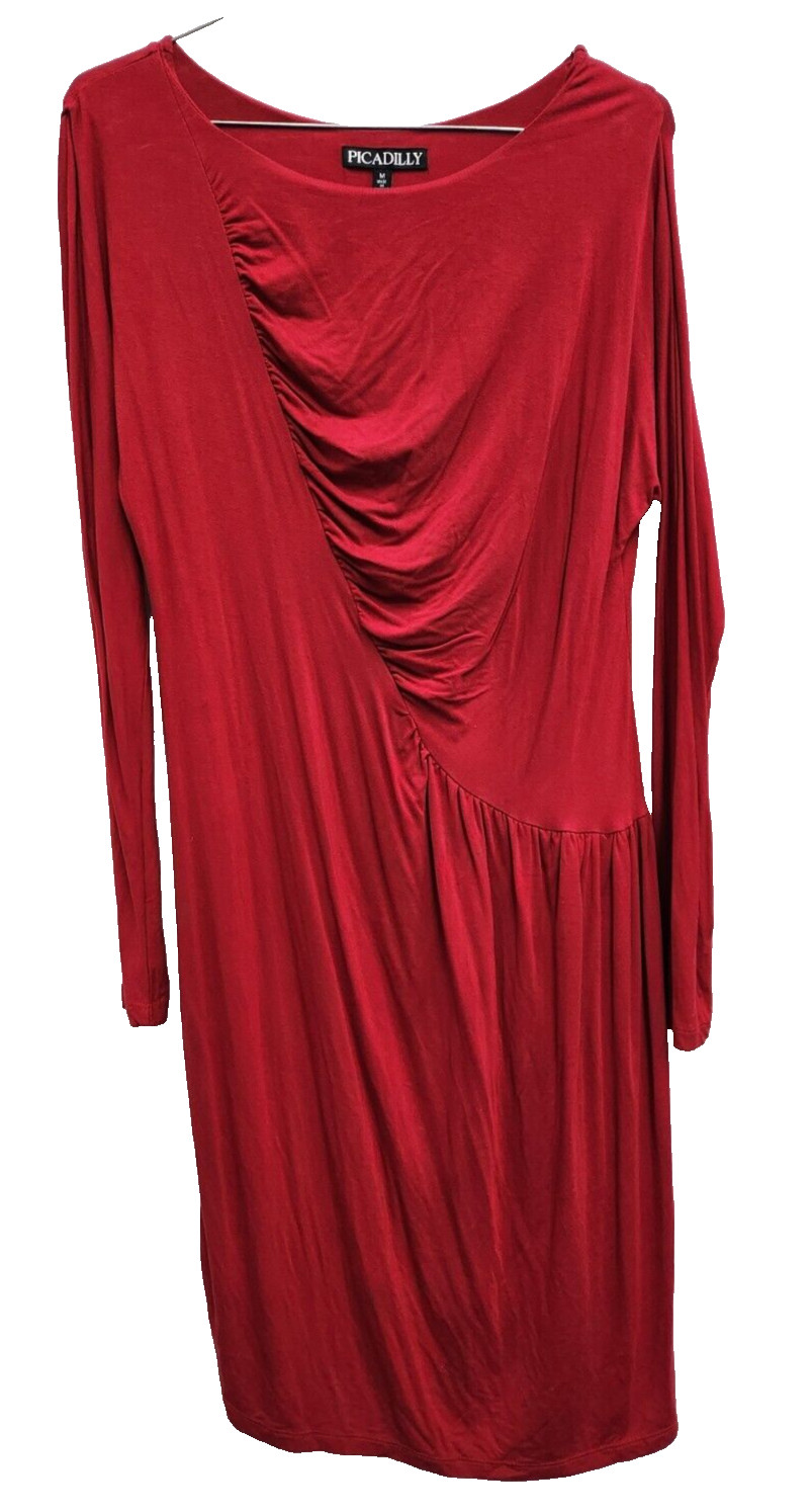 Picadilly Midi Dress Medium Red Ruched Long Sleeve Jersey Carrier Holiday Office