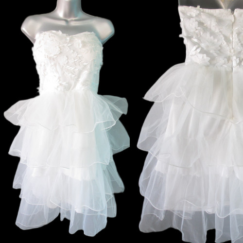 Organza Ruffle Mini Dress Women L White Strapless Princess Romantic Fairy Floral