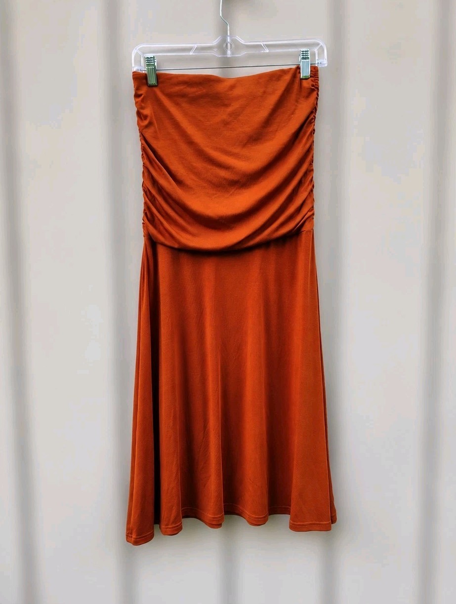 OGL Burnt Orange Ruched Strapless Midi Dress/Skirt S Versatile Stretch Tencel