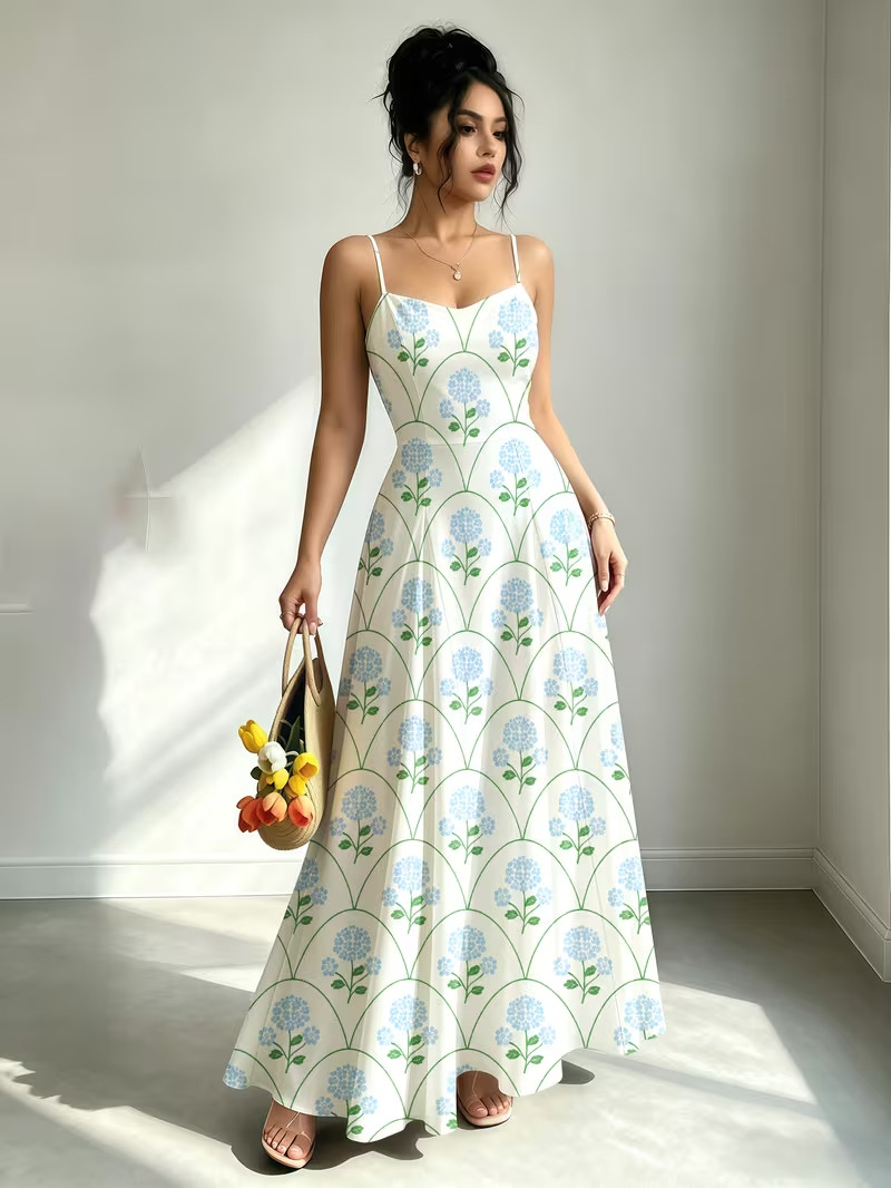 Retro Elegant Digital Print Maxi Dress Commute Date Resort Chic