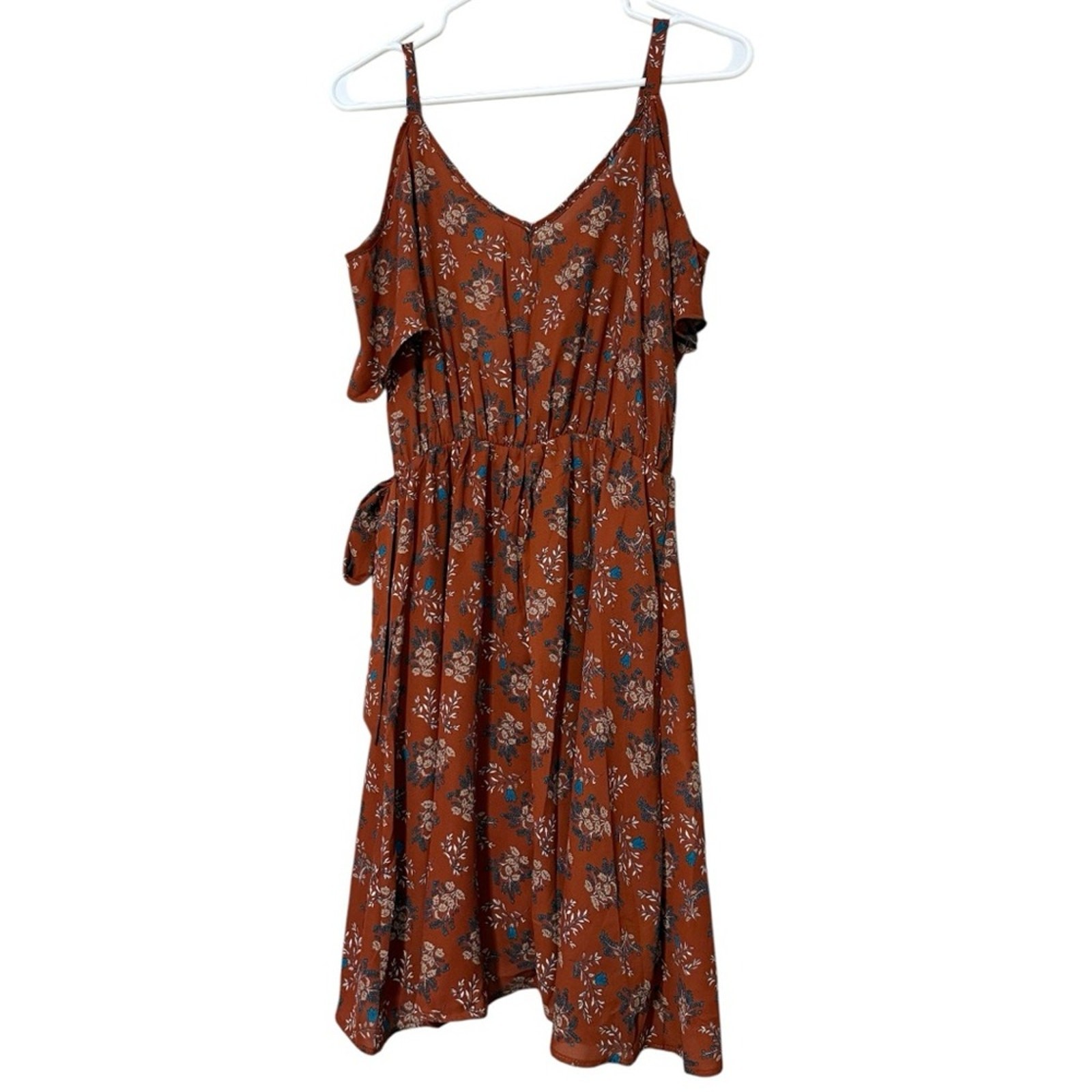 Sienna Sky sz small cold shoulder summer dress lined elastic waist ties on side