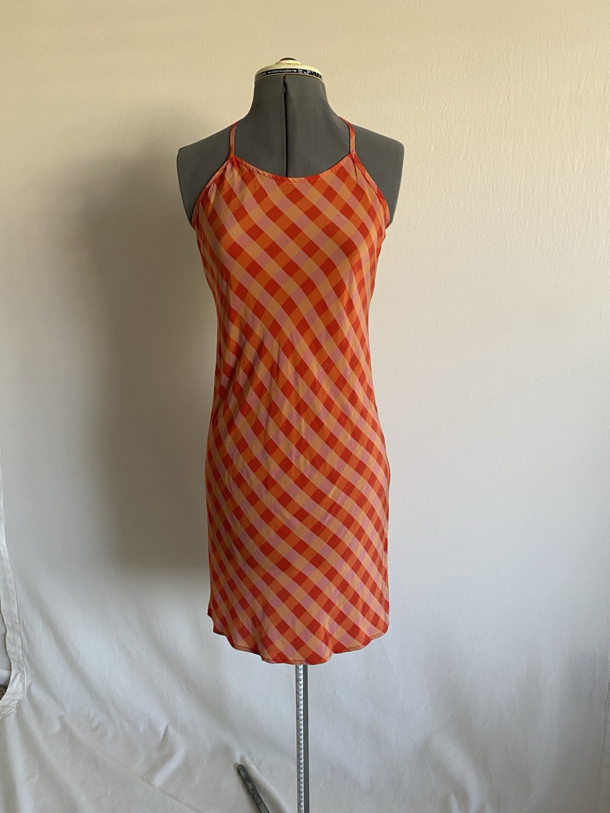 LHD 100% Silk Orange Pink Gingham Halter Mini Dress Open Back Size 4