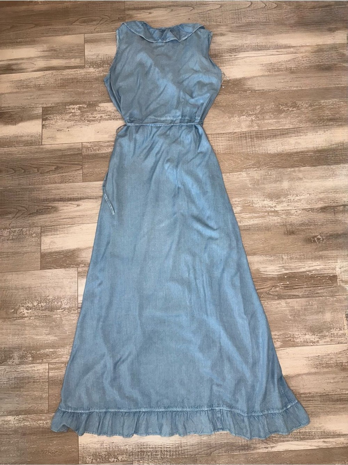 Wrap Ruffle Maxi Dress XL NWT Blue Denim Chambray Look Style Envy