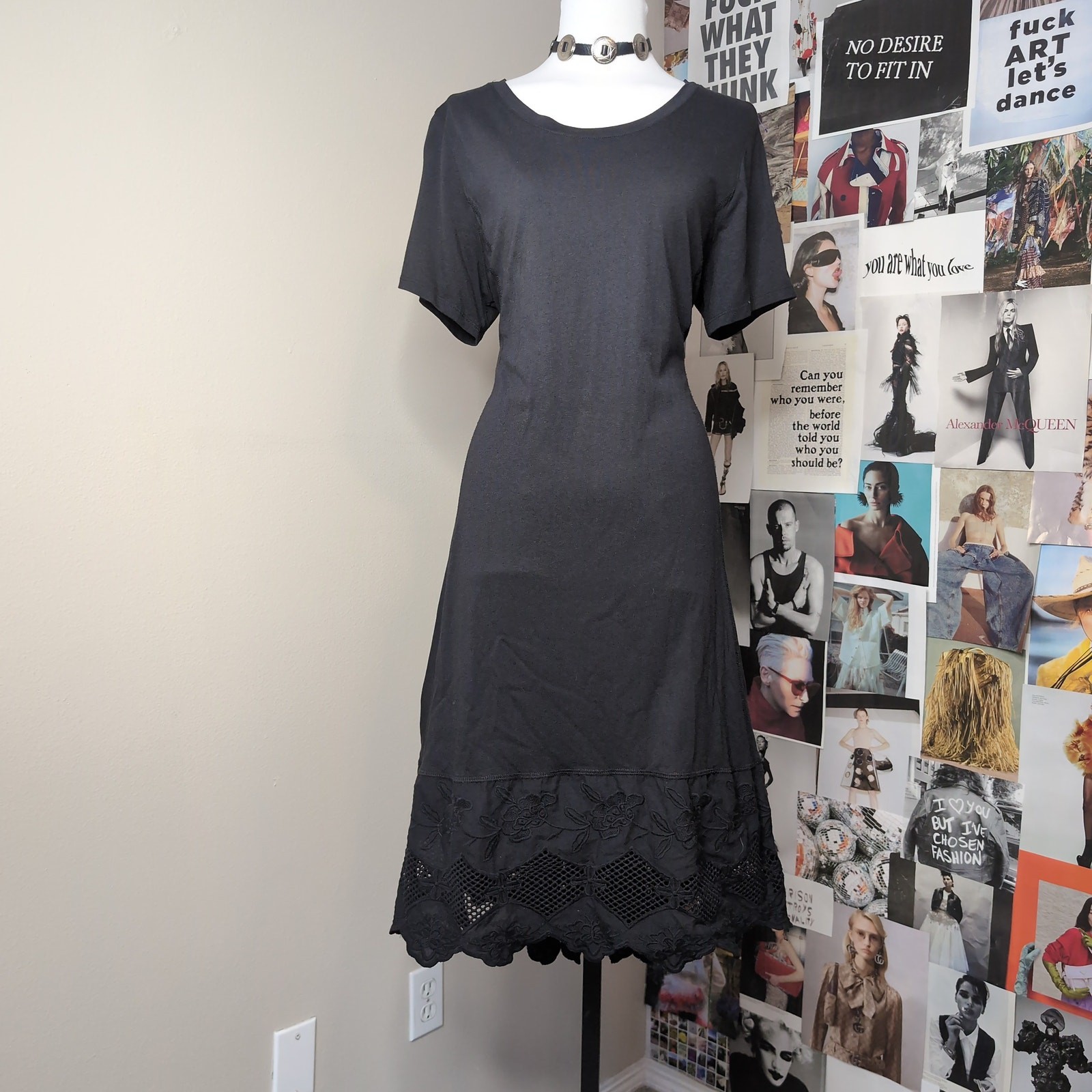 Black Short Sleeve Dress with Eyelet Boho