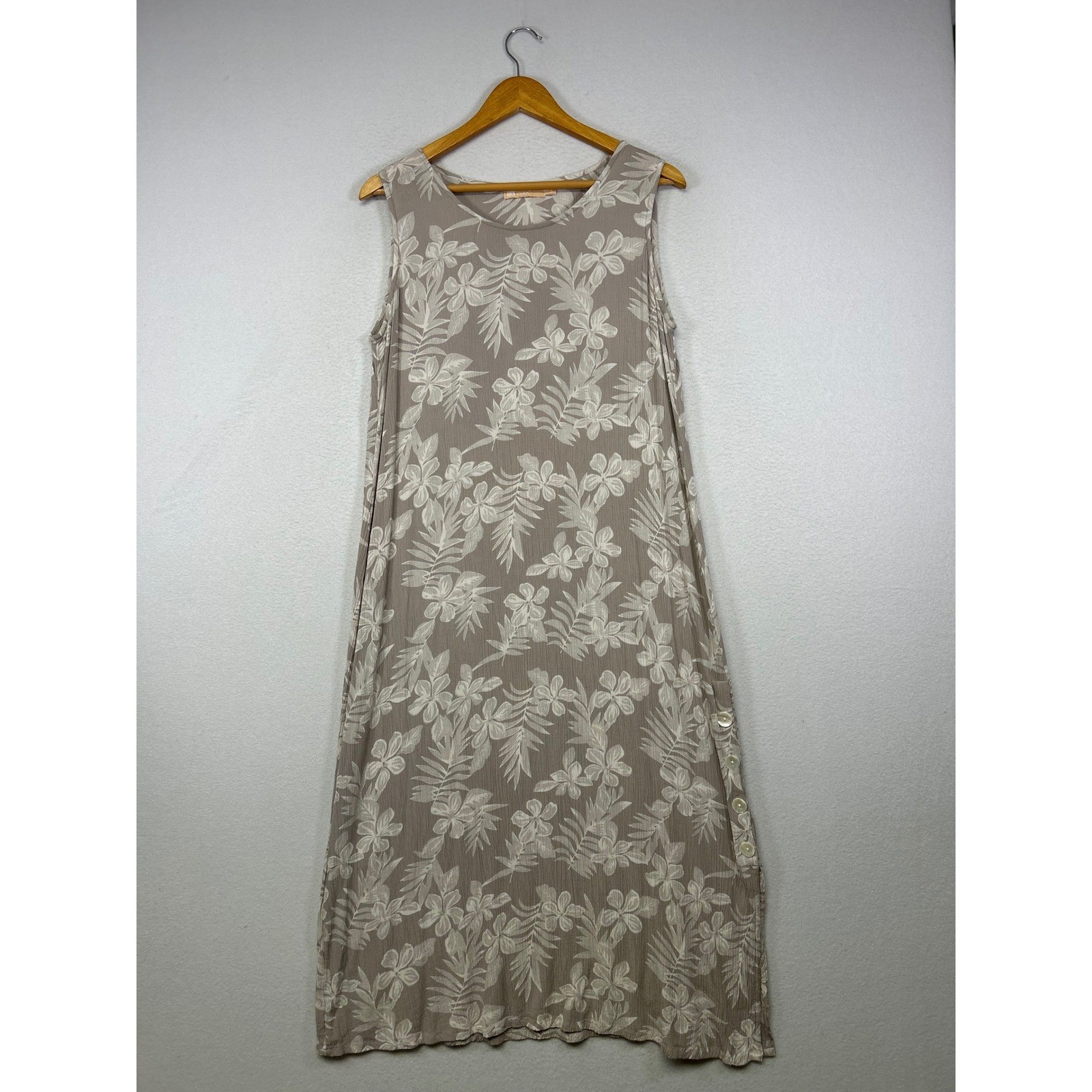 Tropical Boho La Cera Women Small Taupe Floral Sleeveless Crinkle Maxi Dress