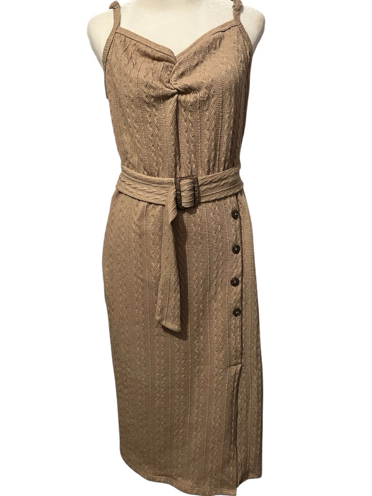 Luna Chix Beige Cable-Knit Knit Wrap Midi Dress Belted V-Neck Sleeveless XL