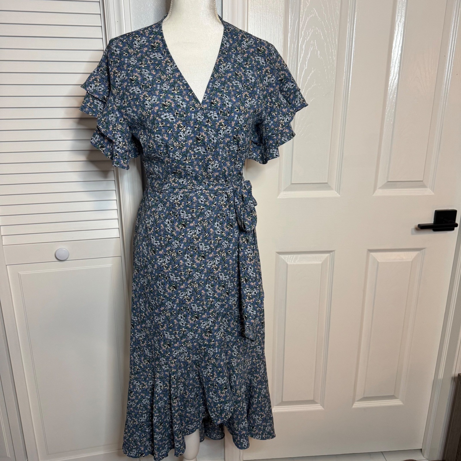 Max Studio Blue Floral Wrap Dress Tiered Ruffle Sleeve High Low Midi size S/M