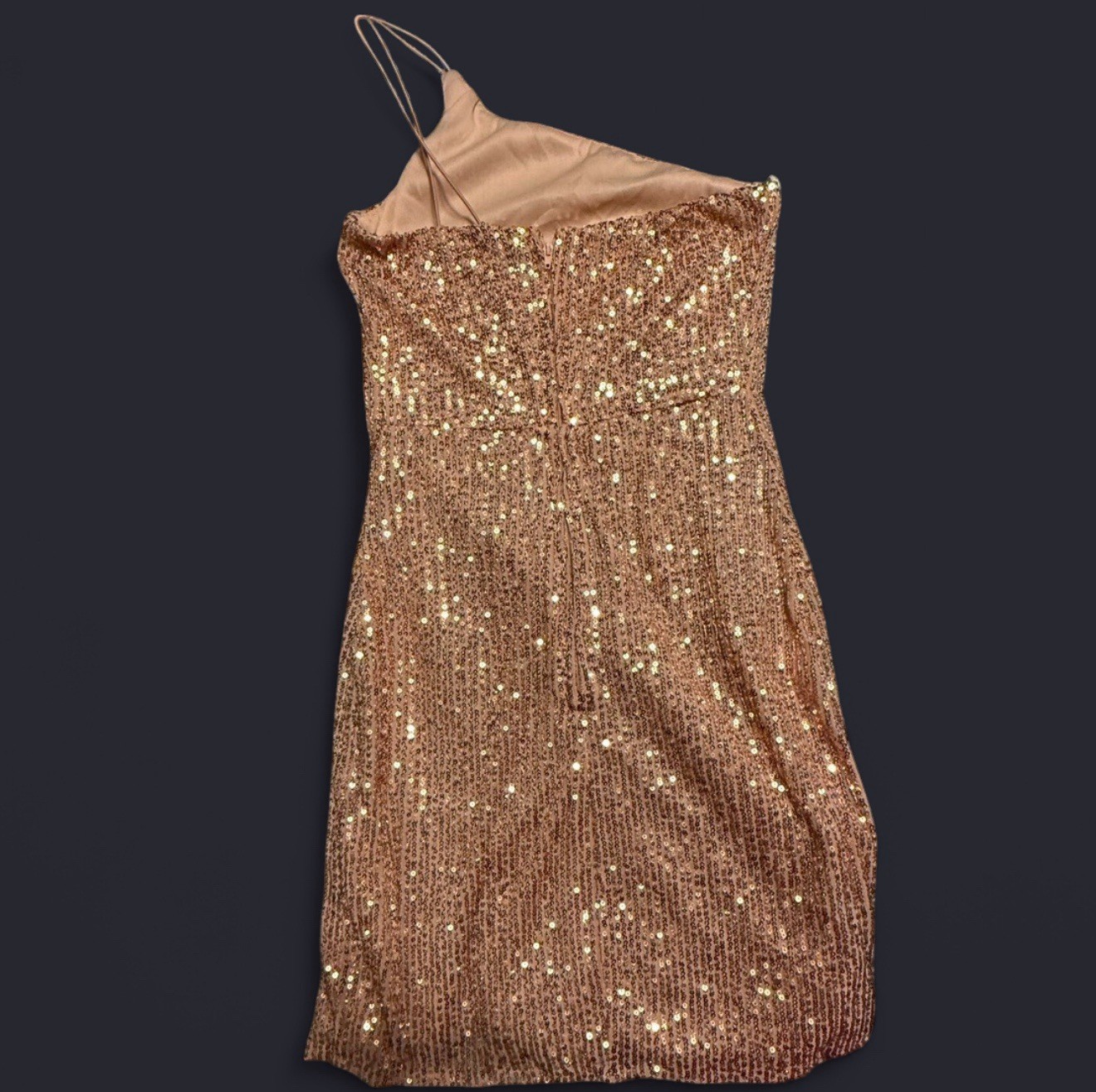 BLUSH ONE SHOULDER SEQUIN MINI PARTY DRESS, SIZE XS, CHEST 25 IN, LENGTH 32 IN