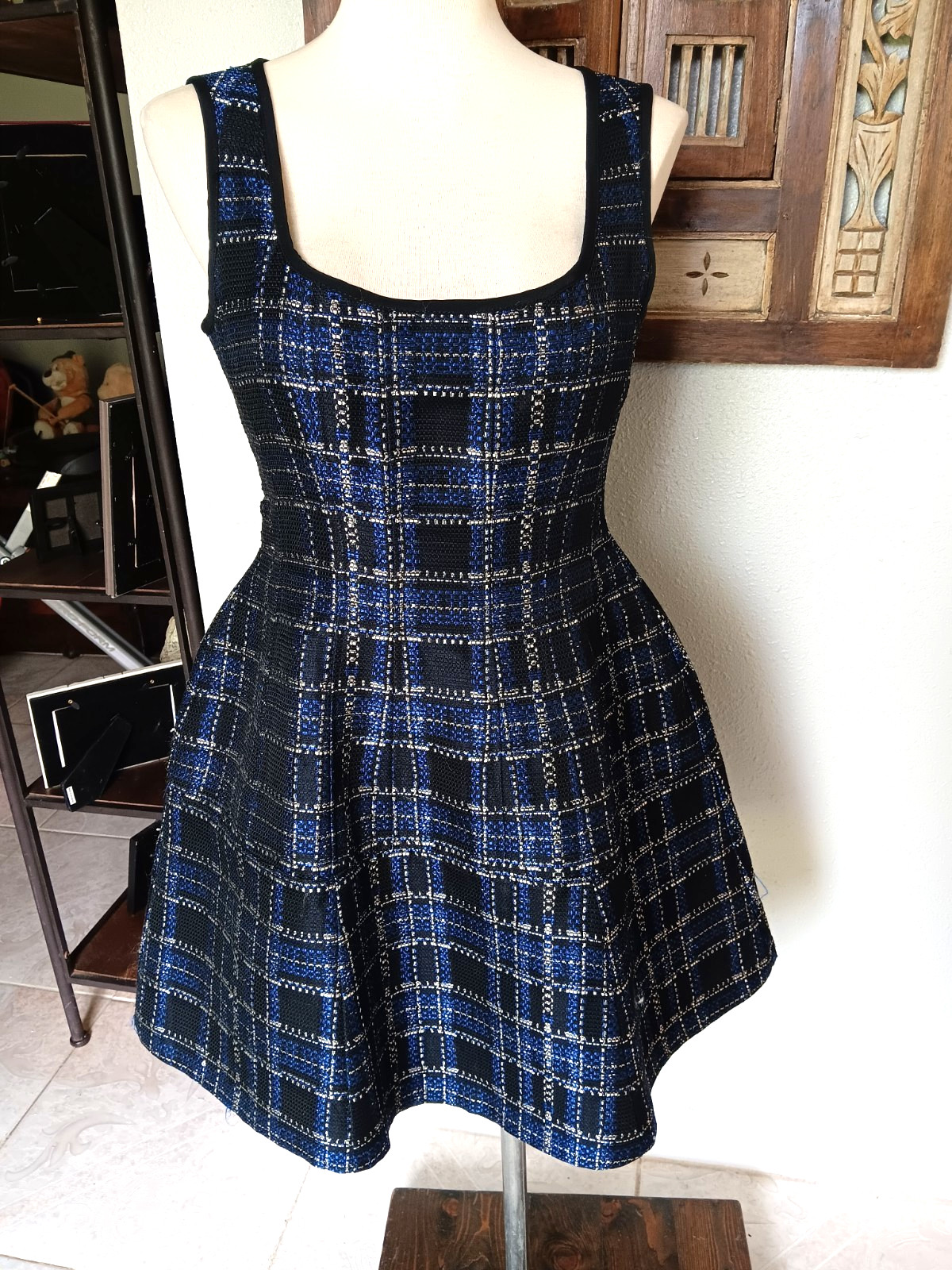 Nanette Lepore Made in NYC Blue Black & White Tweed Fit & Flare Dress Size 2