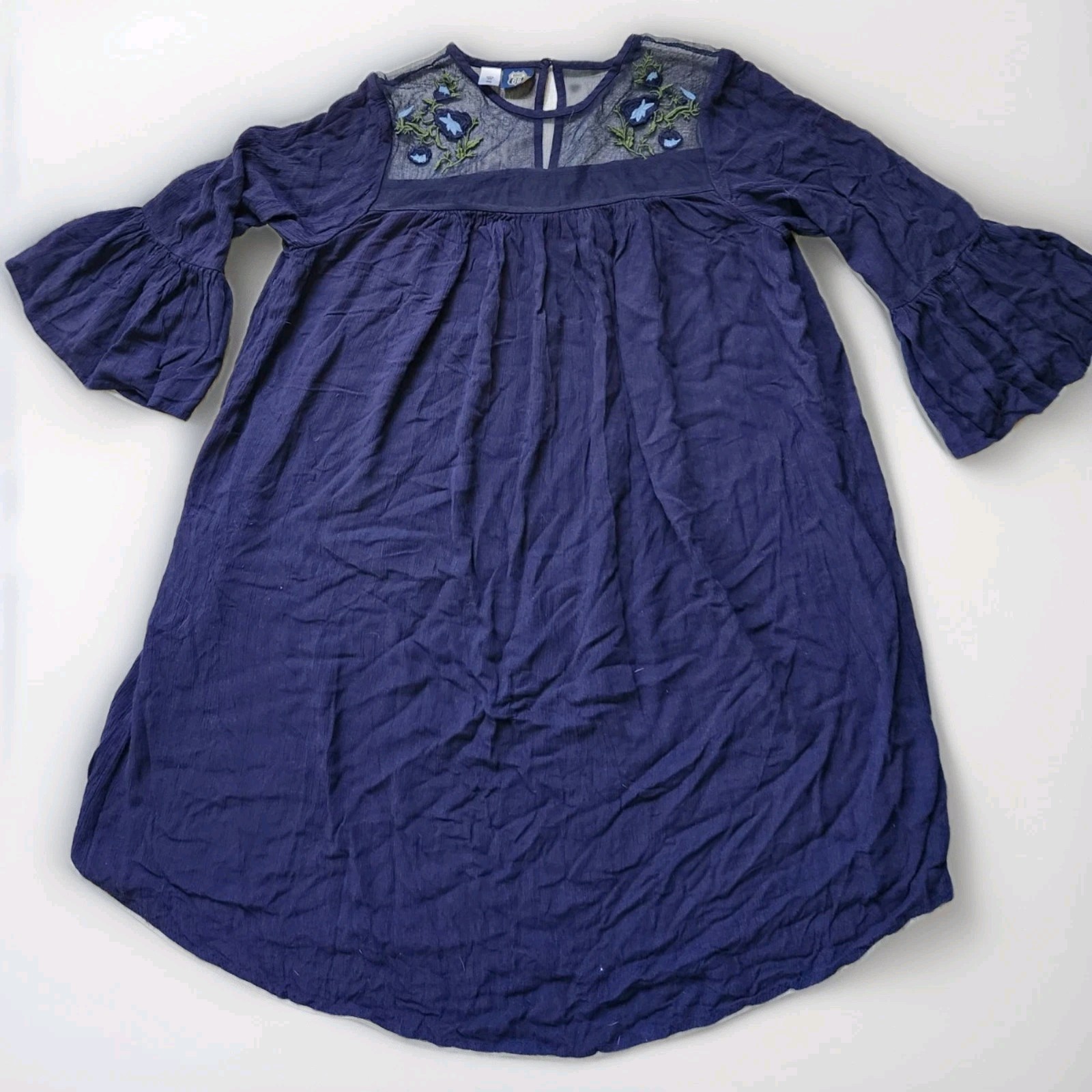 Route 66 Blue Boho Tunic Dress Embroidered Sheer Yoke Bell Sleeve Womens M EUC