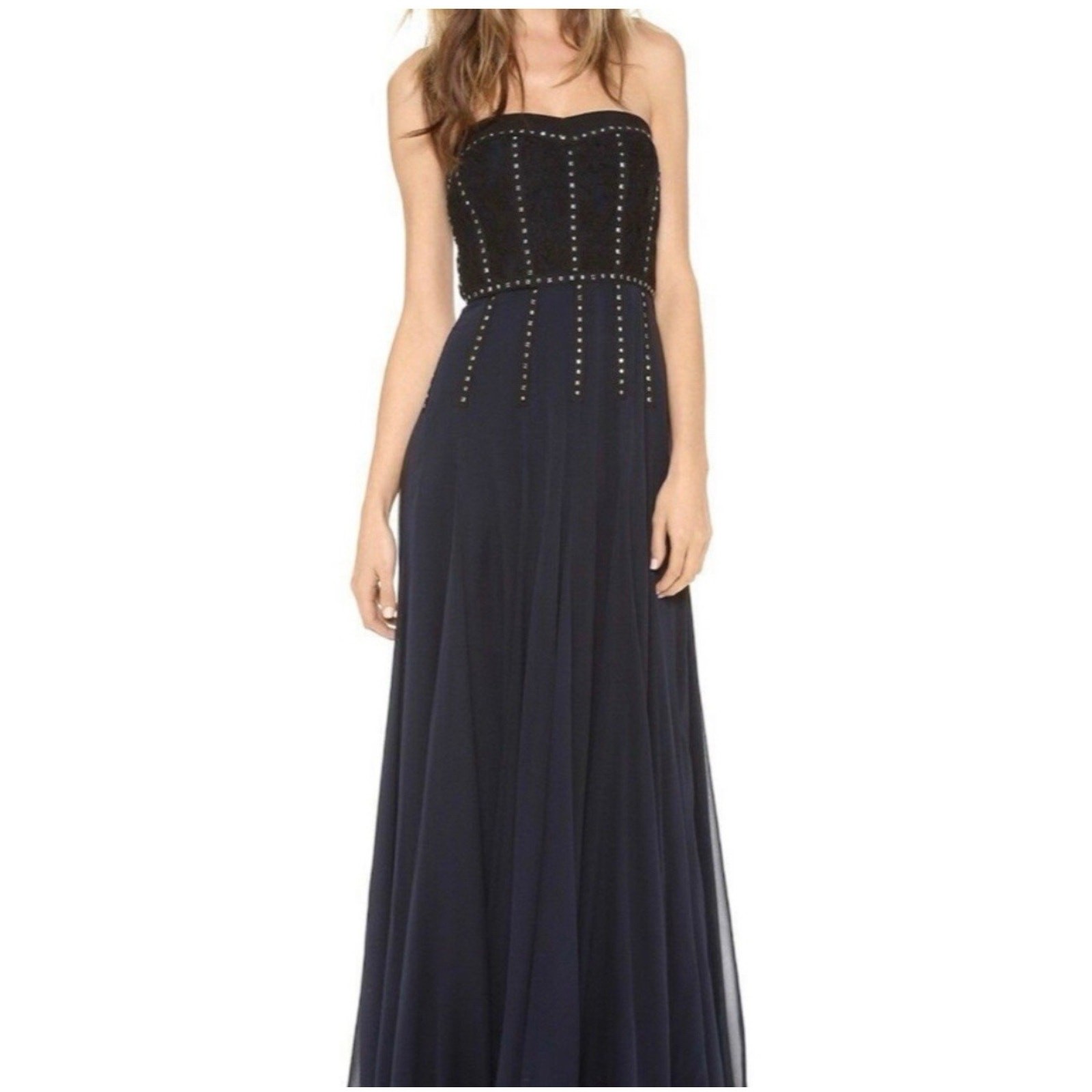 Rebeca Taylor Black chiffon Strapless Dress Studded Rhinestone Lace Bodice Sz 6