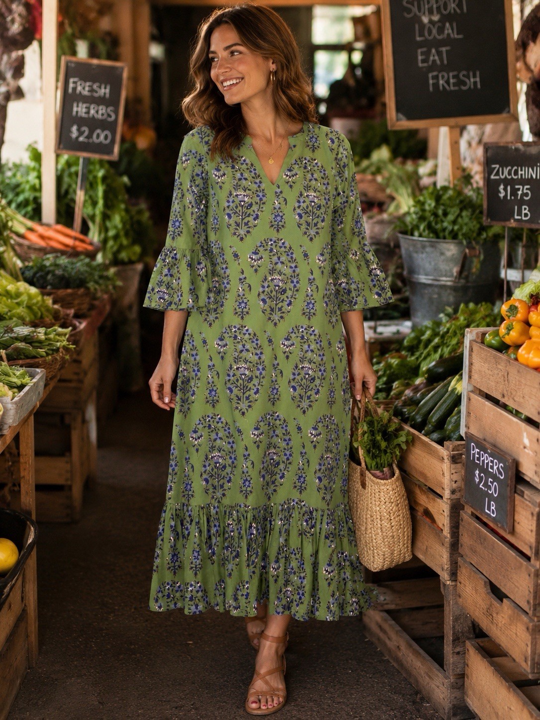 LIVRO Maxi Sundress Green Boho Floral Print Lined 3/4 Sleeve V Neck Women’s S