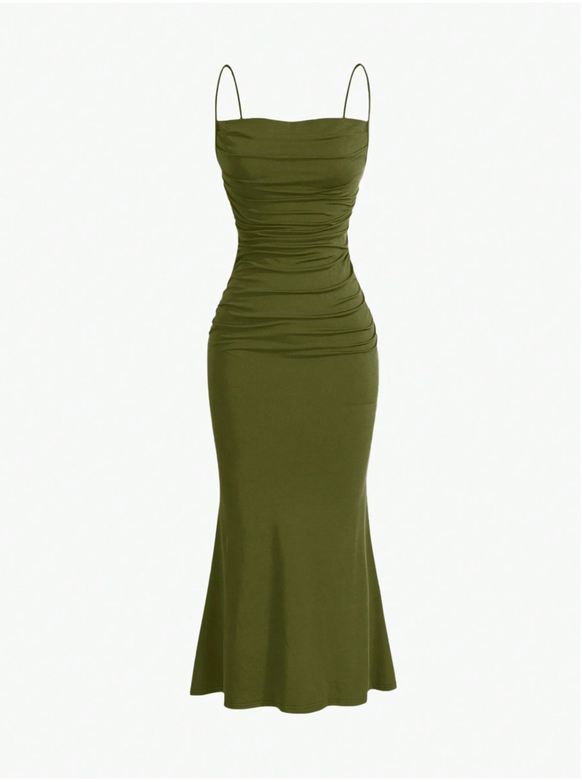 Army Green MOD Solid Ruched Mermaid Hem Cami Dress Sz XS S M L
