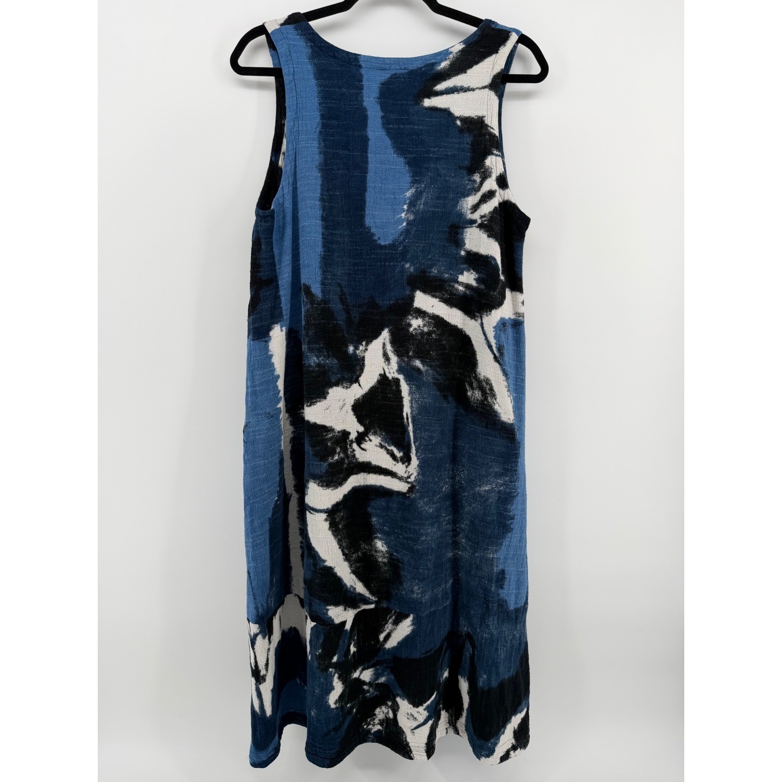 Moyuru Dress Medium Blue Black Abstract Print Sleeveless Lagenlook Artsy Pockets