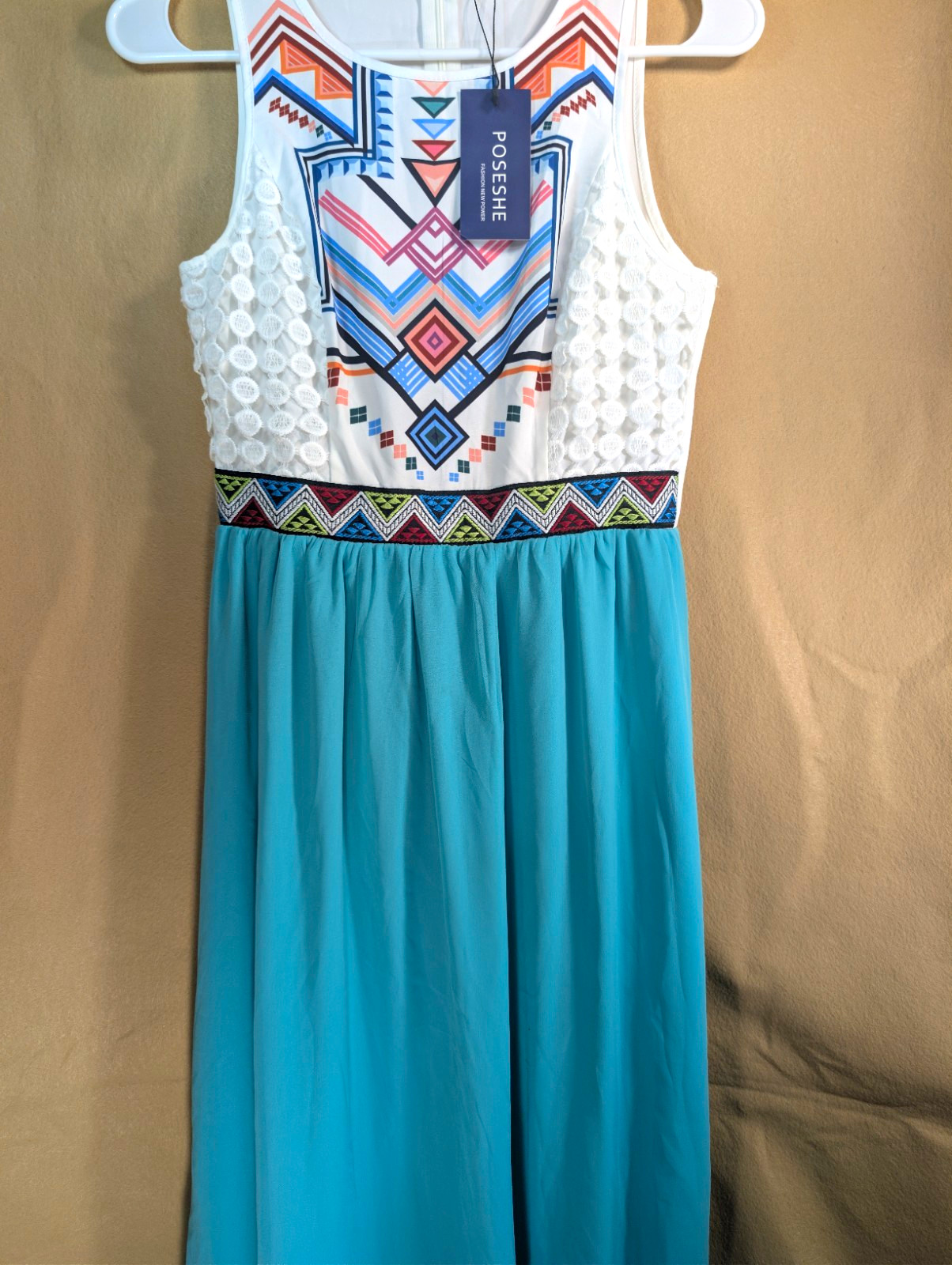 POSESHE White/Blue Geometric Maxi Dress XS Sleeveless Round Neck Lace Lined Zip