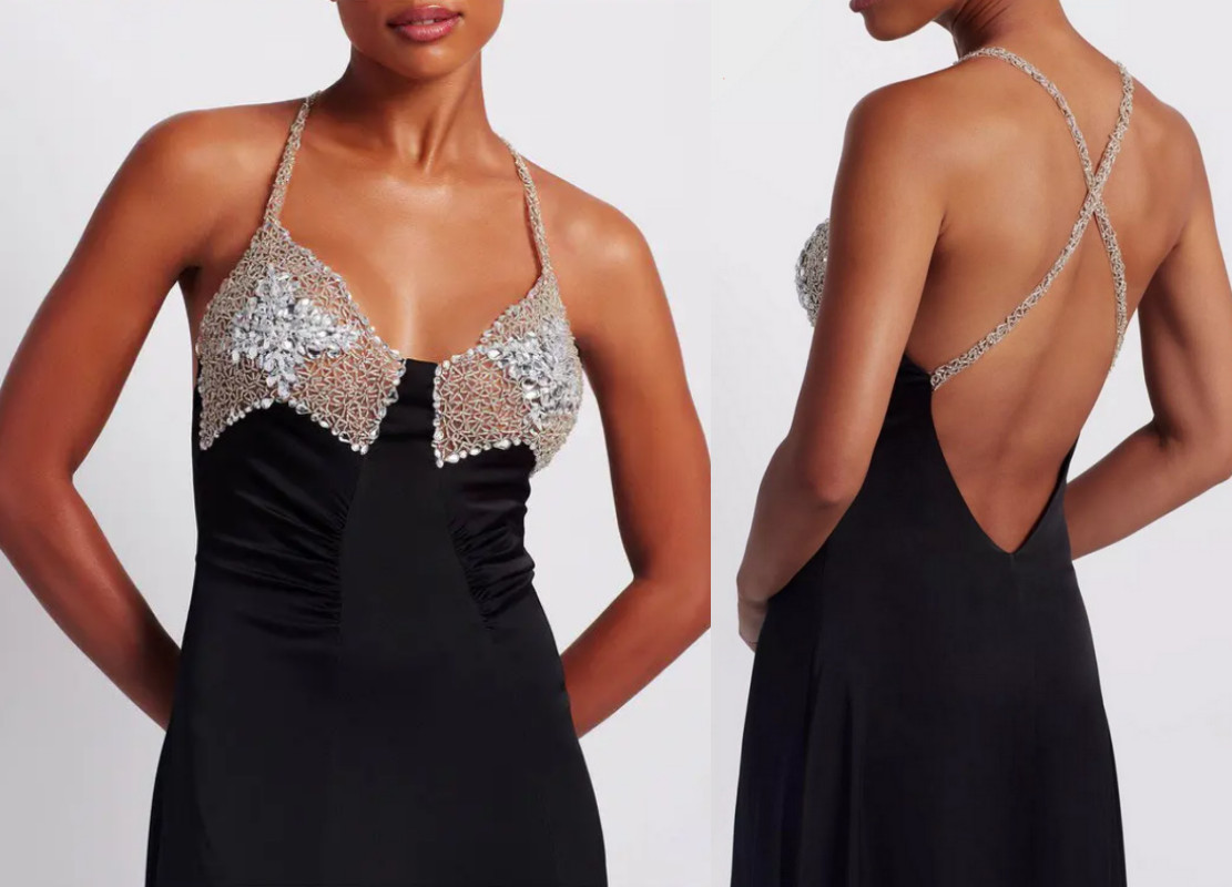 PatBO crystal-beaded side-high-slit open-back black satin gown sz 10 $995