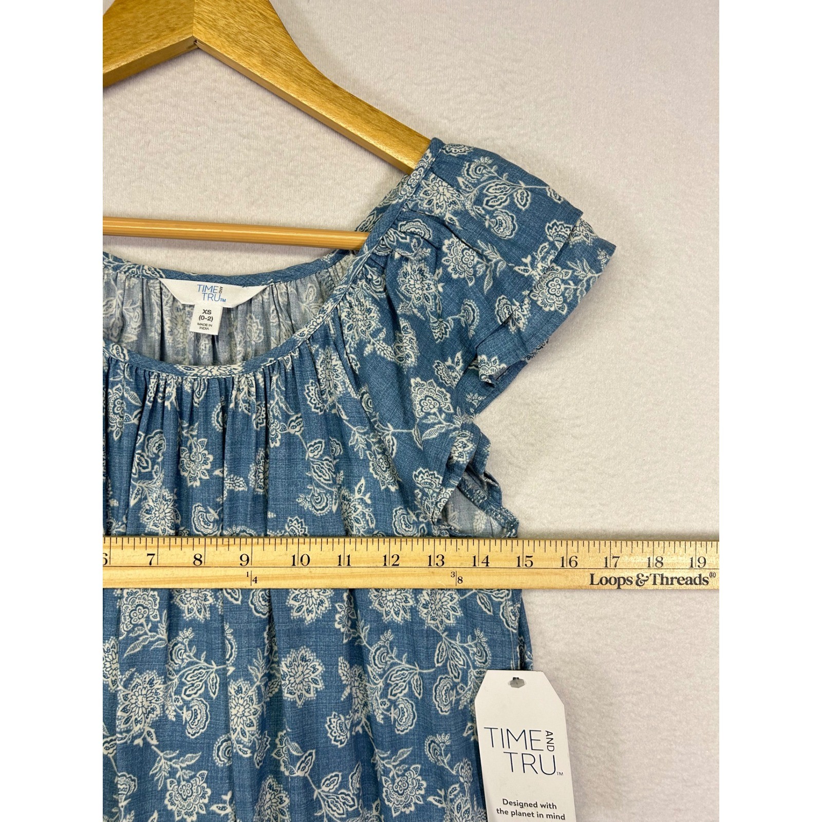 Boho Cottagecore Time and Tru Women XS Blue Floral Cap Sleeve Pocket Shift Dress