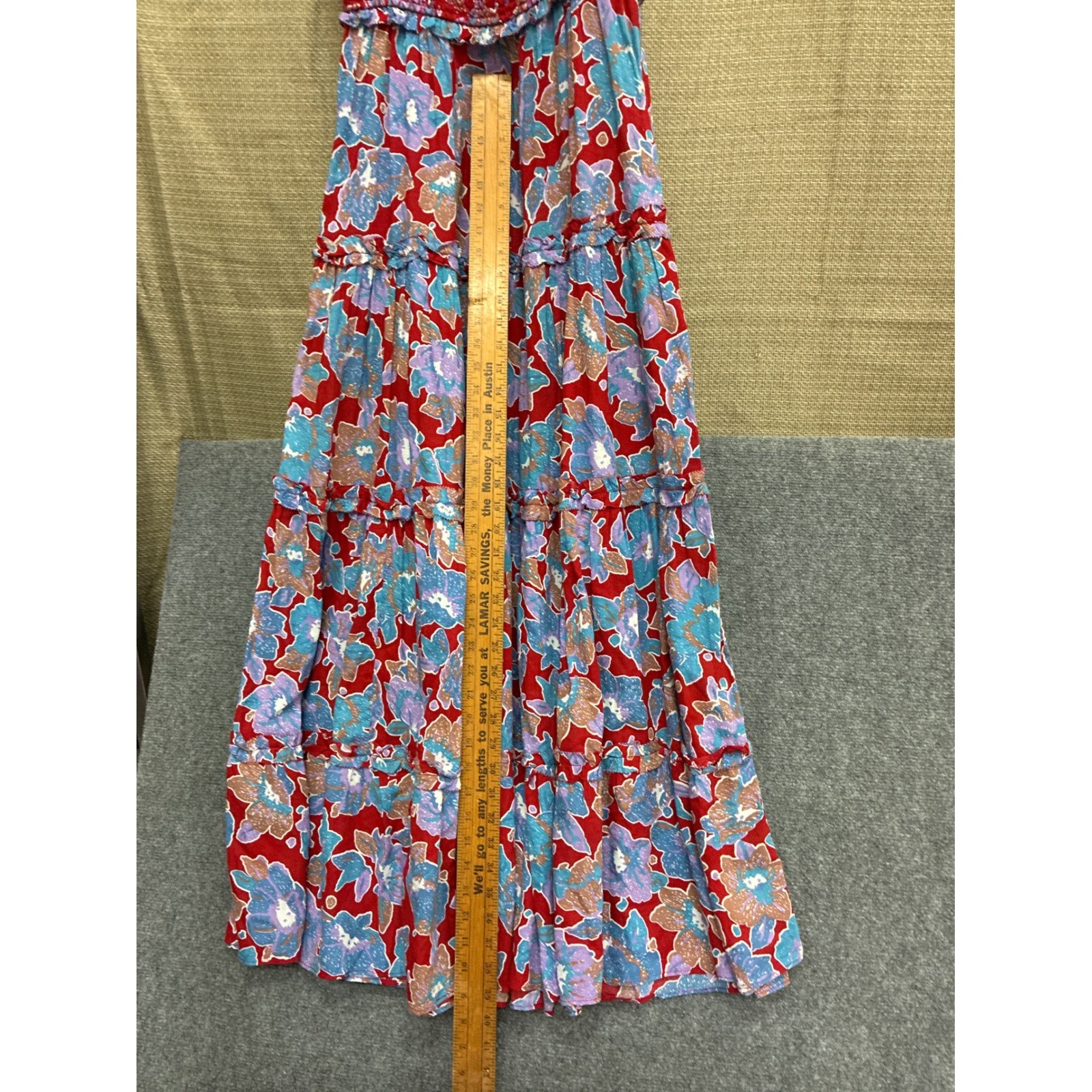 Love The Label Floral Smocked Tiered Maxi Dress Red Blue Ruffle Sleeve Small