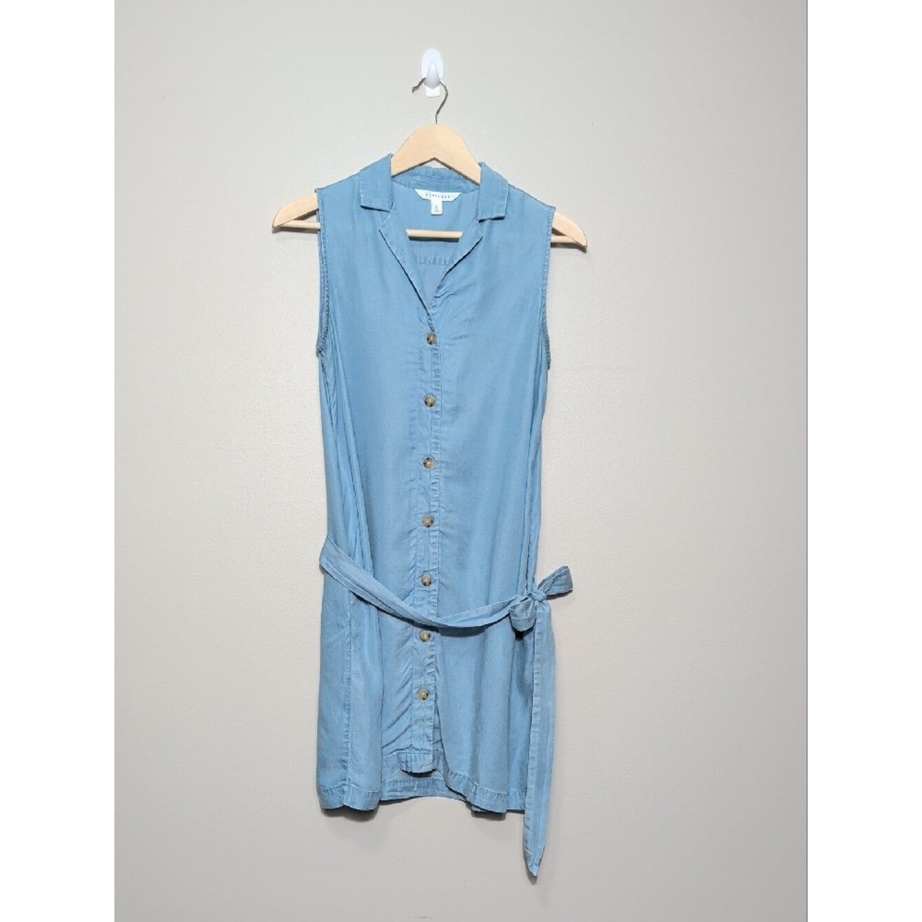 POPSUGAR Chambray Sleeveless Blue Button-Front Mini Shirt Dress Pockets Small