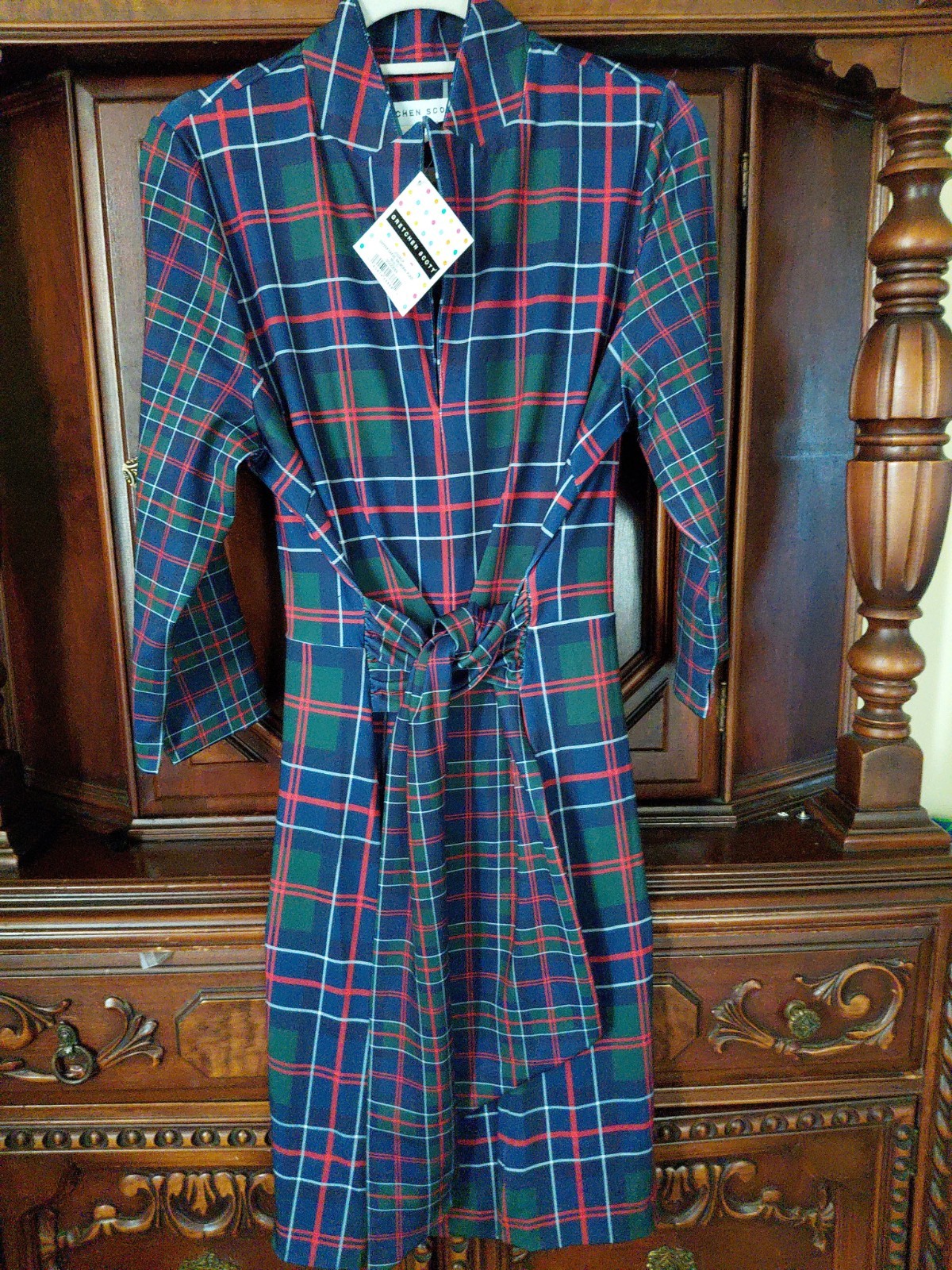 NWT Gretchen Scott Draper Twist Shout Tie Balmoral Plaid Shirt Dress Xl 2X $239