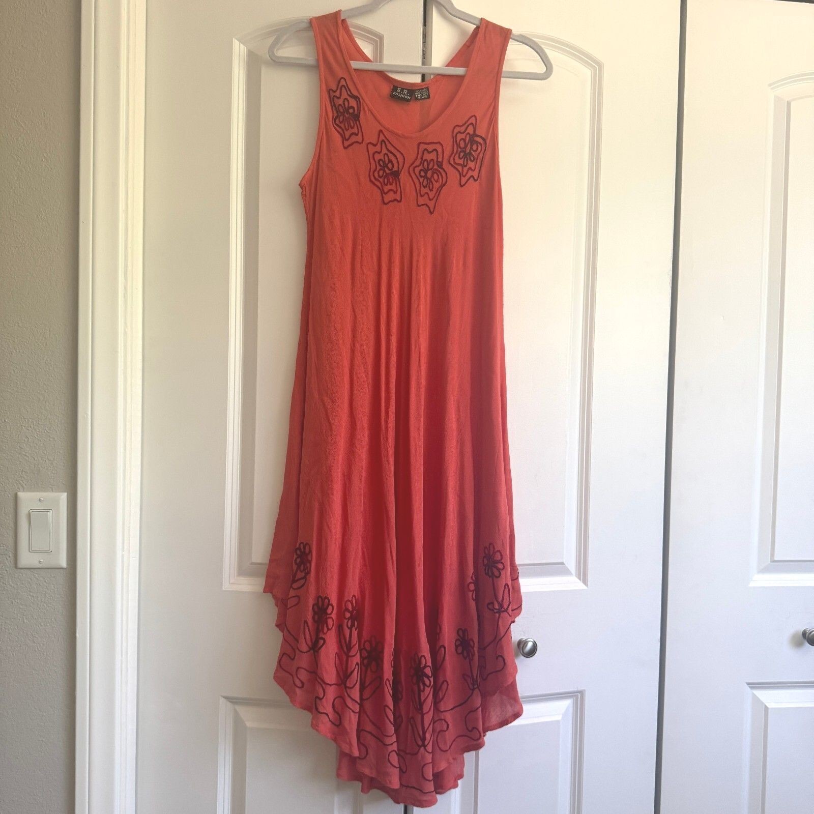 S.R. Fashion Free Size Rayon Sleeveless Dress Coral Orange Embroidered